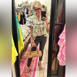 Entro Green and Cream Floral “Italian Countryside”
Blouse with Ruffles